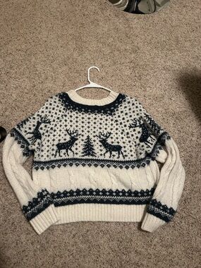 Old Navy Ivory and Navy Fair Isle Reindeer Crewneck Sweater